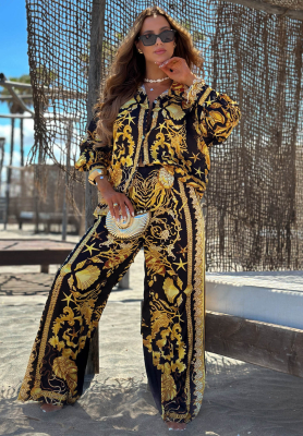 Satin-Set Hemd und Hose wide leg aus Viskose Golden Mare schwarz-golden