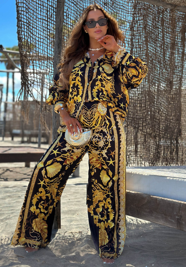 Satin-Set Hemd und Hose wide leg aus Viskose Golden Mare schwarz-golden