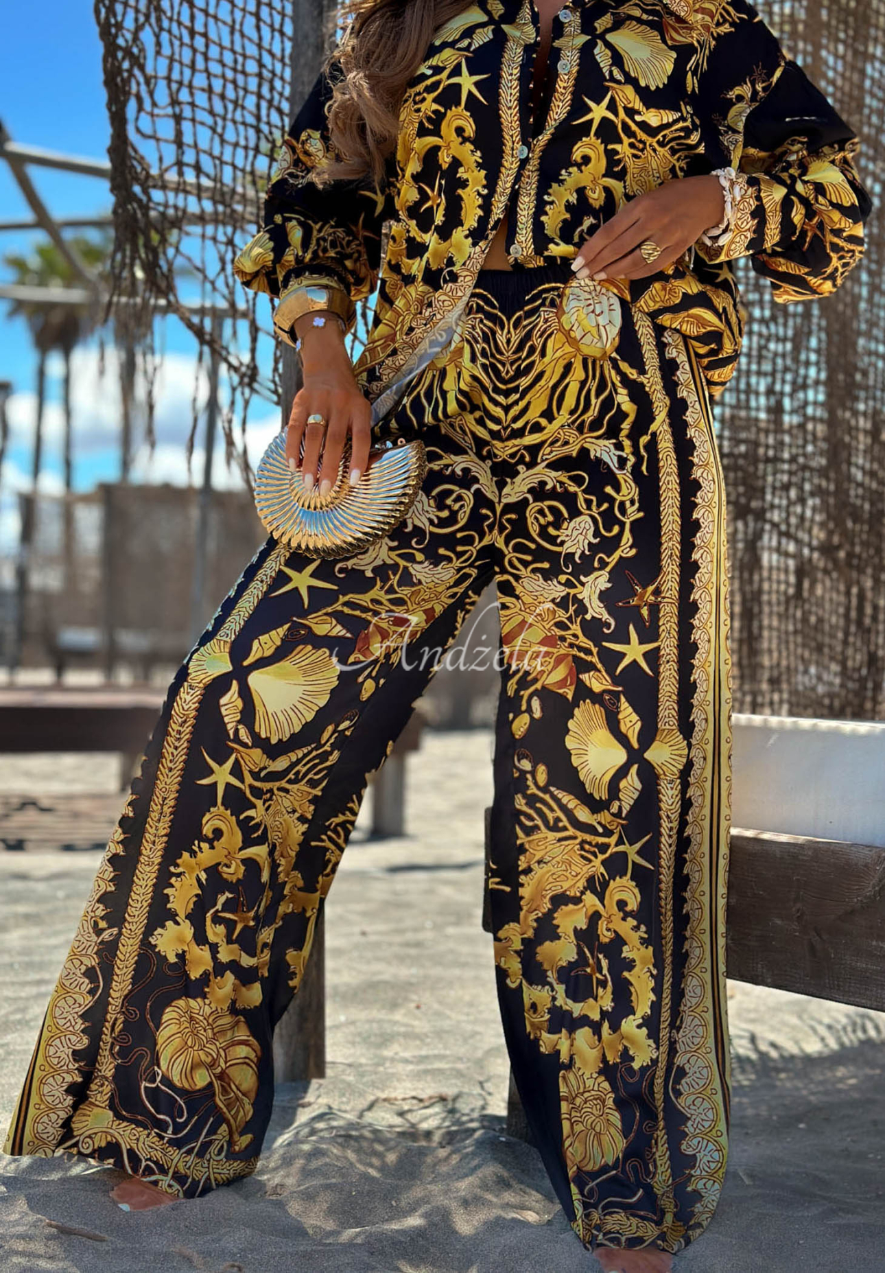 Satin-Set Hemd und Hose wide leg aus Viskose Golden Mare schwarz-golden
