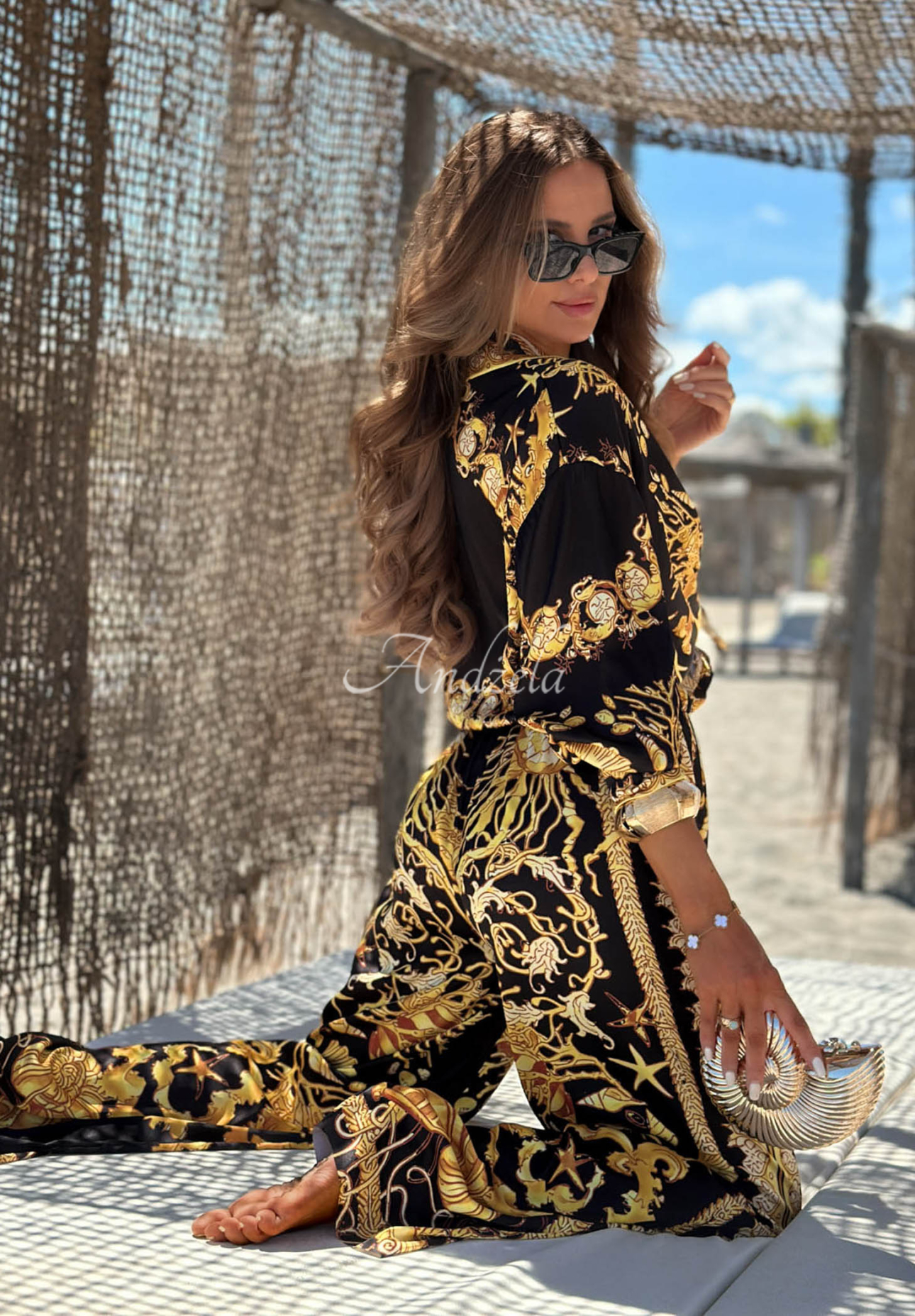Satin-Set Hemd und Hose wide leg aus Viskose Golden Mare schwarz-golden