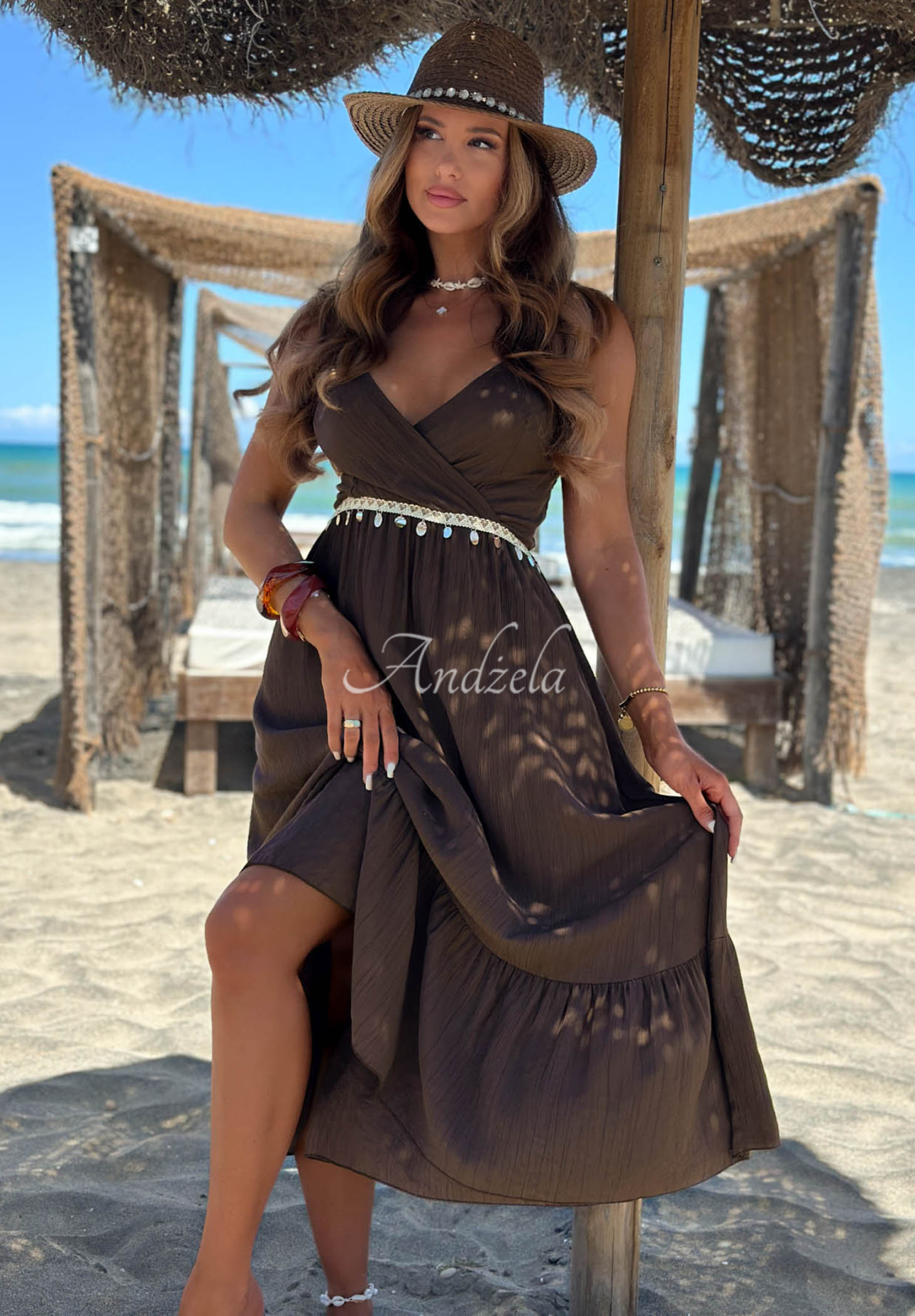 Viskosekleid mit Trägern und dekorativer Applikation Island Muse Schokoladenbraun
