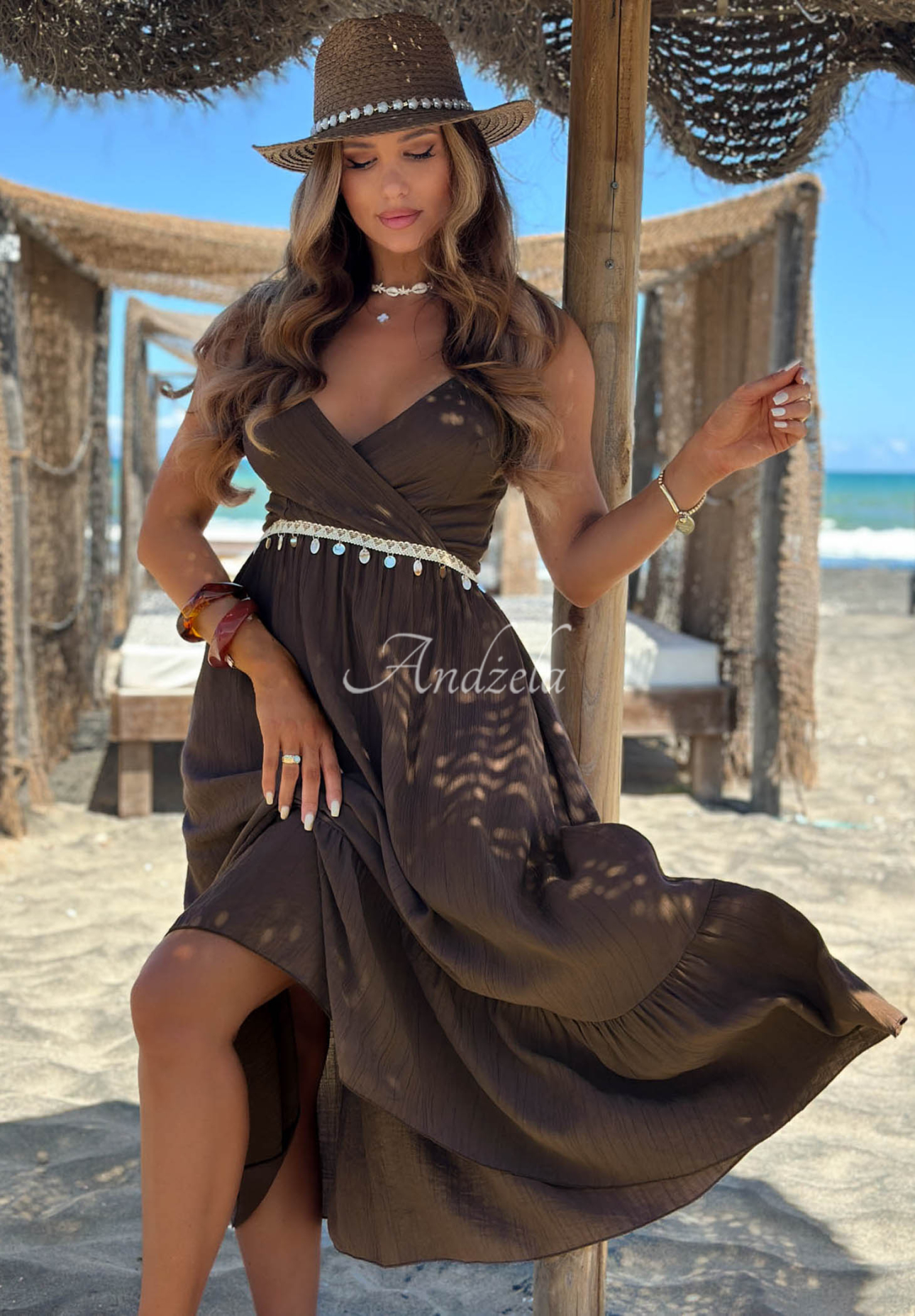 Viskosekleid mit Trägern und dekorativer Applikation Island Muse Schokoladenbraun