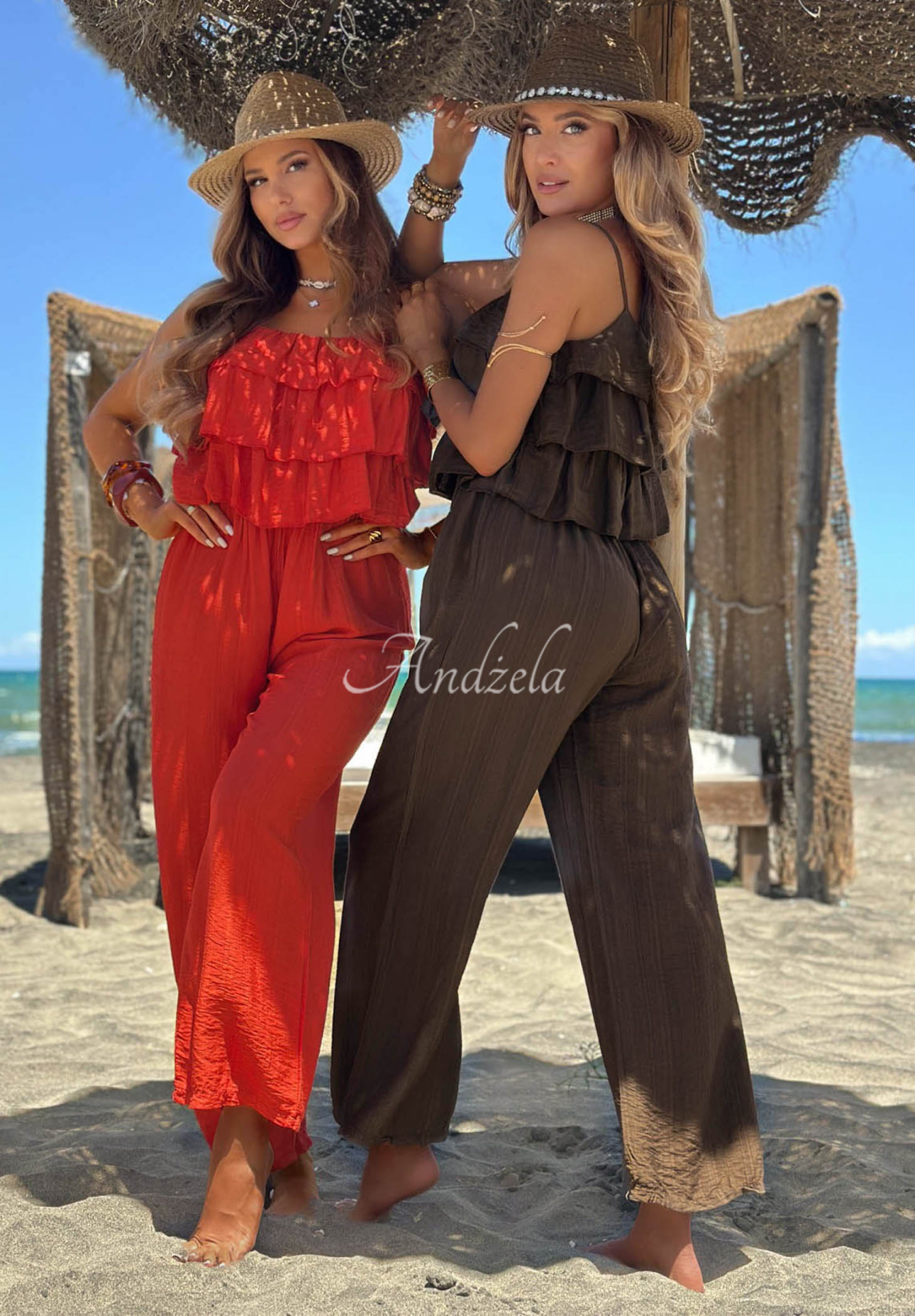 Langer Viskose-Jumpsuit mit Trägern und Rüschen Ocean Charm Rot