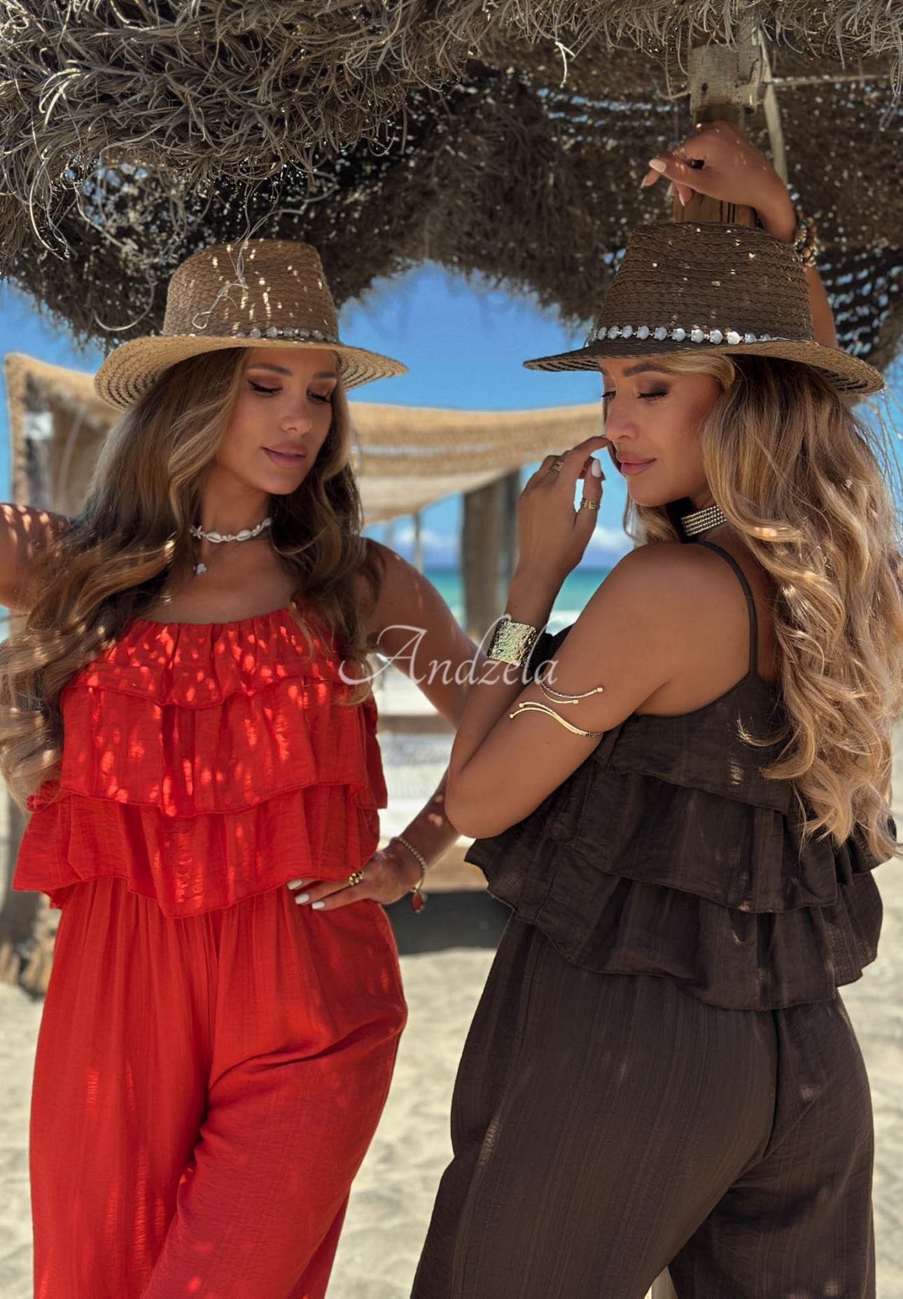 Langer Viskose-Jumpsuit mit Trägern und Rüschen Ocean Charm Rot