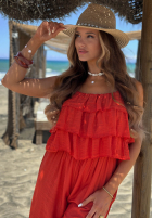 Długi Jumpsuit wide leg na ramiączkach z falbankami Ocean Charm Beige