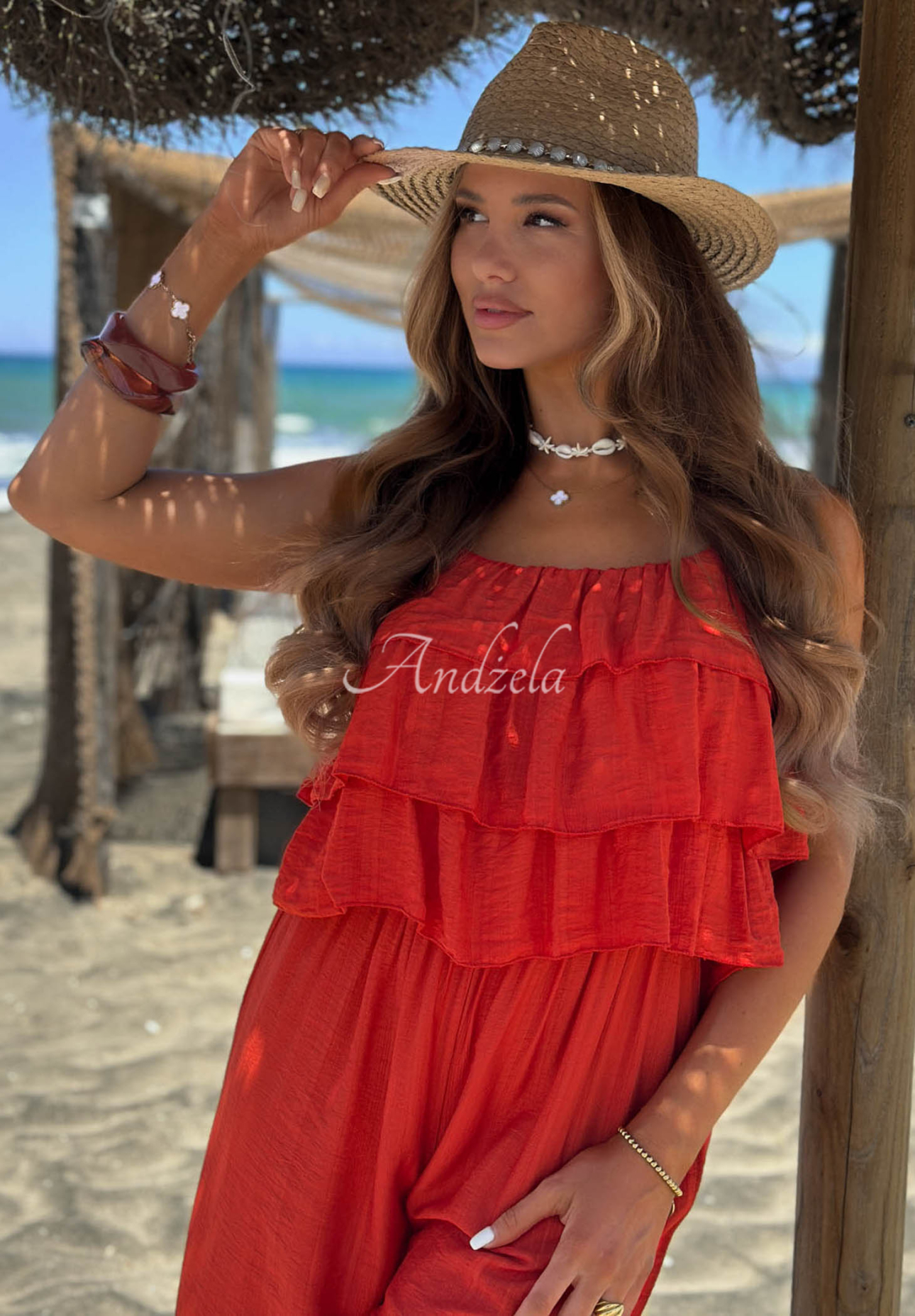 Langer Viskose-Jumpsuit mit Trägern und Rüschen Ocean Charm Rot