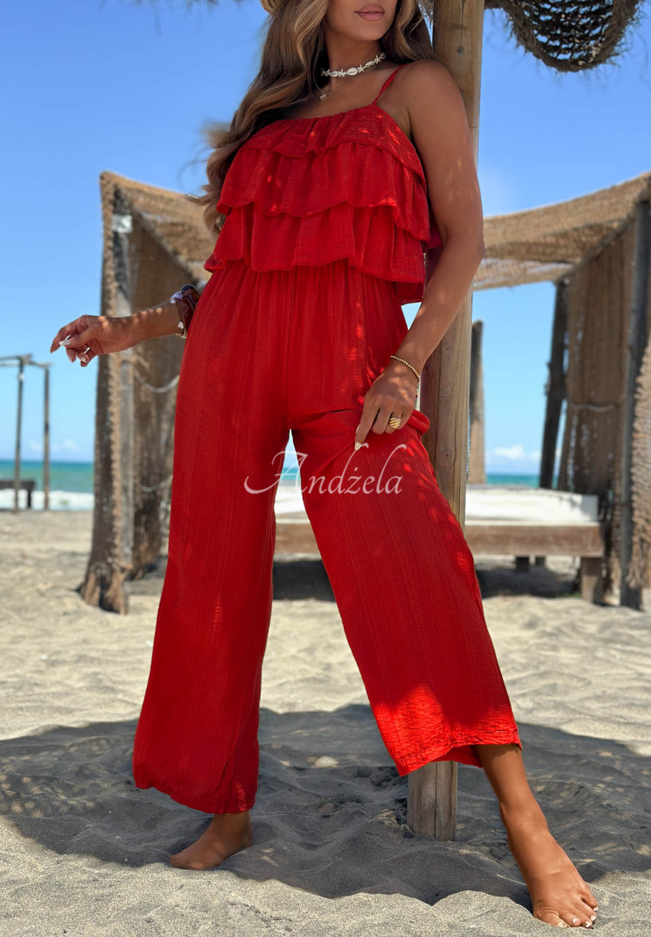 Langer Viskose-Jumpsuit mit Trägern und Rüschen Ocean Charm Rot