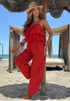 Długi Jumpsuit wide leg na ramiączkach z falbankami Ocean Charm Beige