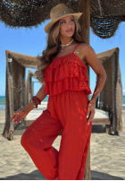 Długi Jumpsuit wide leg na ramiączkach z falbankami Ocean Charm Beige