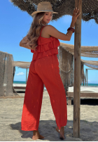 Długi Jumpsuit wide leg na ramiączkach z falbankami Ocean Charm Beige