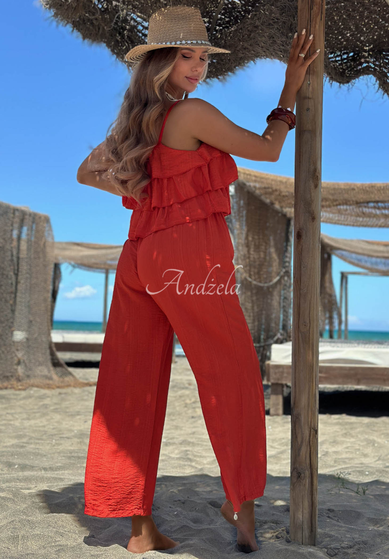 Langer Viskose-Jumpsuit mit Trägern und Rüschen Ocean Charm Rot