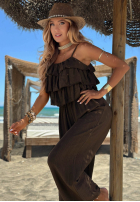 Długi Jumpsuit wide leg na ramiączkach z falbankami Ocean Charm Beige