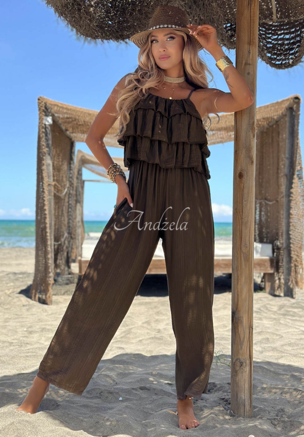 Langer Viskose-Jumpsuit mit Tr&auml;gern und R&uuml;schen Ocean Charm Schokoladenbraun