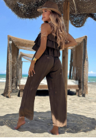 Długi Jumpsuit wide leg na ramiączkach z falbankami Ocean Charm Beige