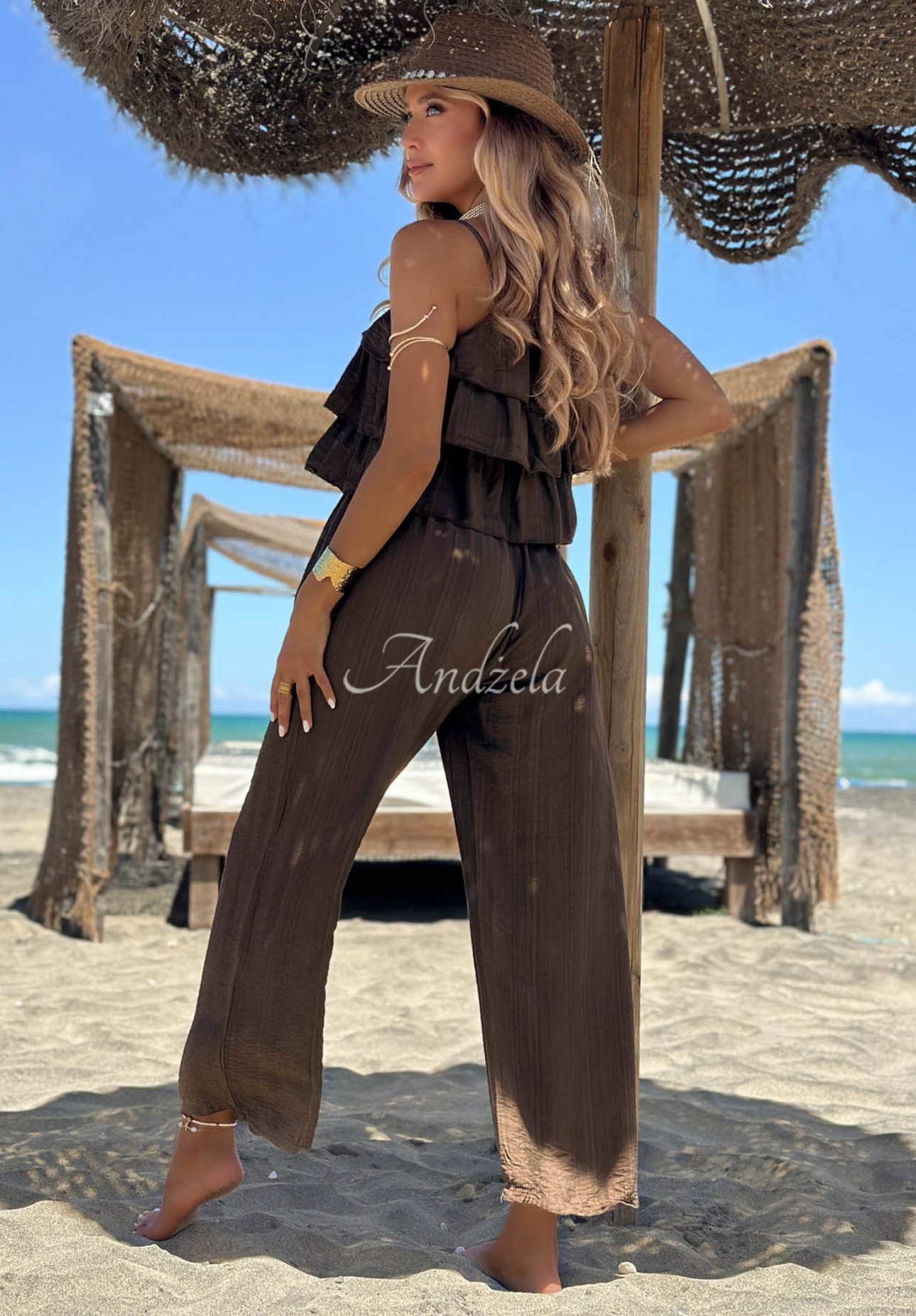 Langer Viskose-Jumpsuit mit Trägern und Rüschen Ocean Charm Schokoladenbraun
