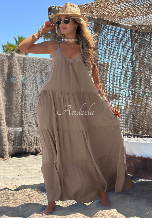 Viskosekleid mit Tr&auml;gern und R&uuml;schen Summer Club Mokkafarben