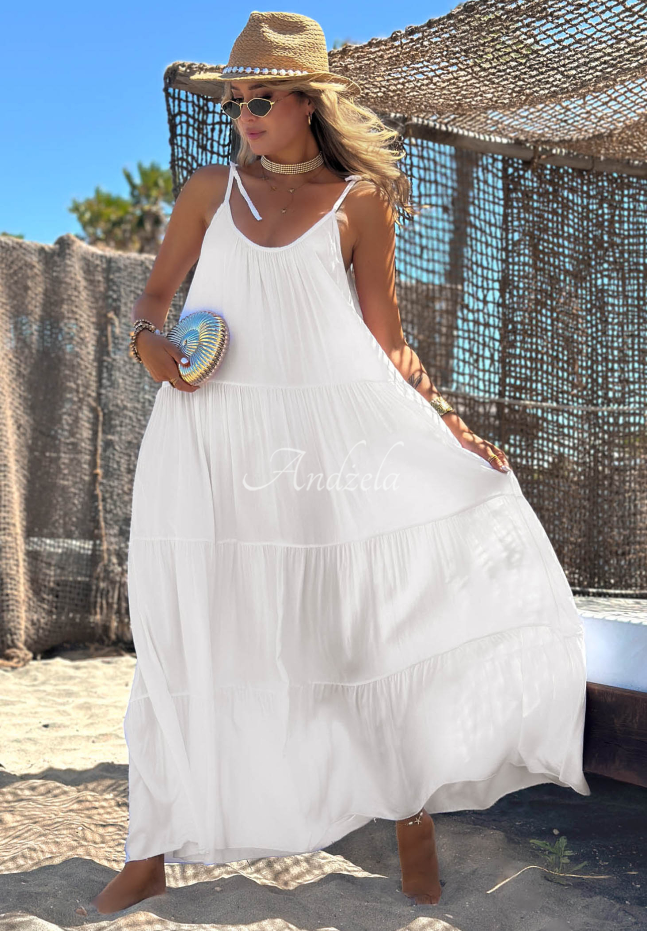 Viskosekleid mit Trägern und Rüschen Summer Club Weiß