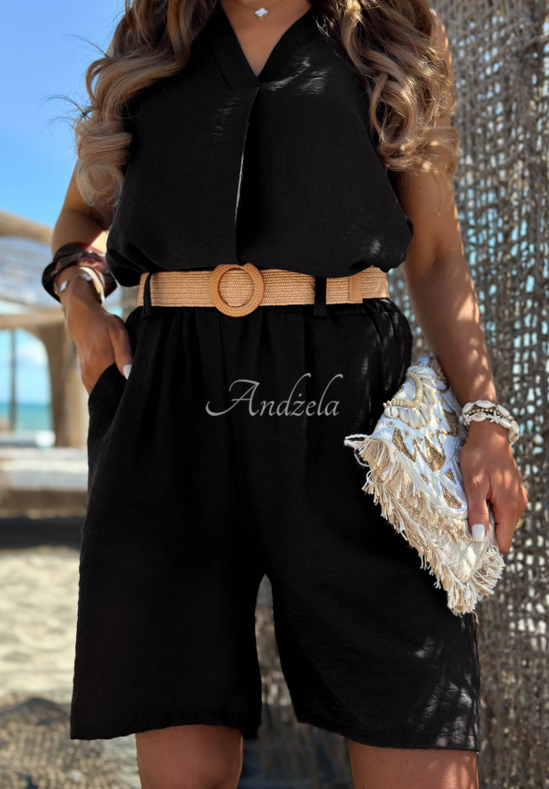 Kurze Viskoseshorts mit G&uuml;rtel Sunset Escape Schwarz