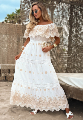 Offshoulder-Maxikleid aus Baumwolle im Boho-Stil mit Lochmuster Sun Queen Weiß