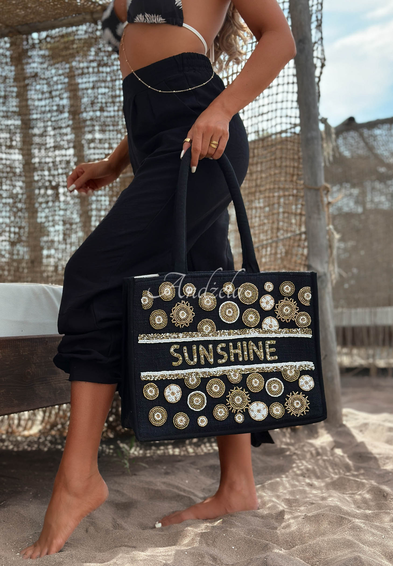 Gewebte Tasche bestickt mit Perlen boho Sunshine Beads Schwarz