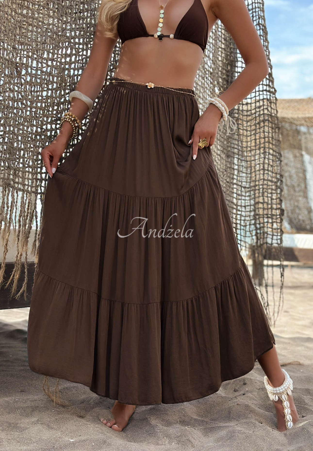 Maxirock aus Viskose mit Rüschen Ocean Escape Schokoladenbraun