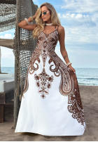Wzorzysta Kleid maxi na ramiączkach Summer Coffee biało-Schokoladenbraun