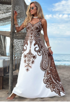 Wzorzysta Kleid maxi na ramiączkach Summer Coffee biało-Schokoladenbraun