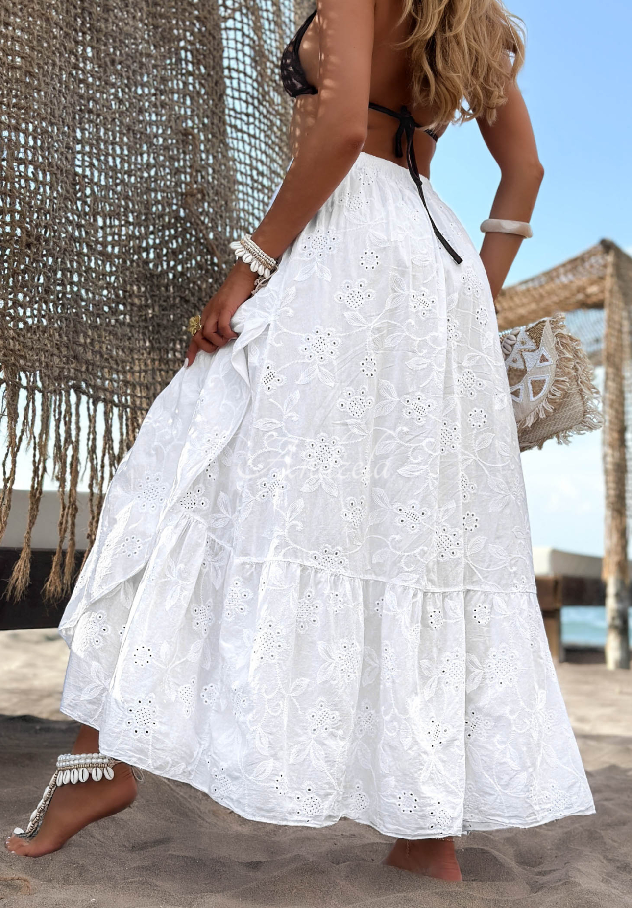 Durchbrochener Baumwollrock mit Rüschen boho Riviera Daydream Weiß