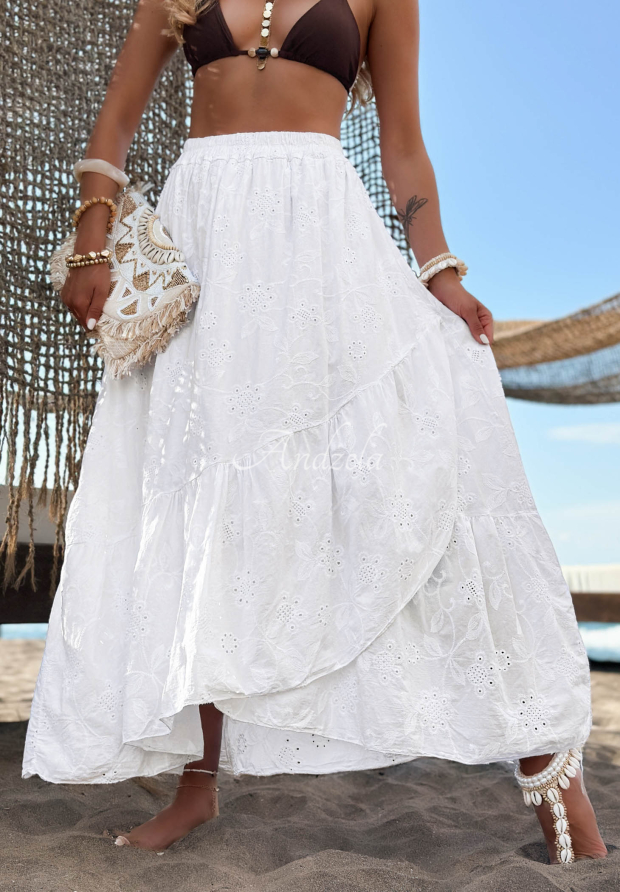 Durchbrochener Baumwollrock mit R&uuml;schen boho Riviera Daydream Wei&szlig;