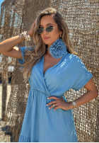 Kleid midi z lyocellu z falbankami i paskiem z różą Rosa Sea Hellblau
