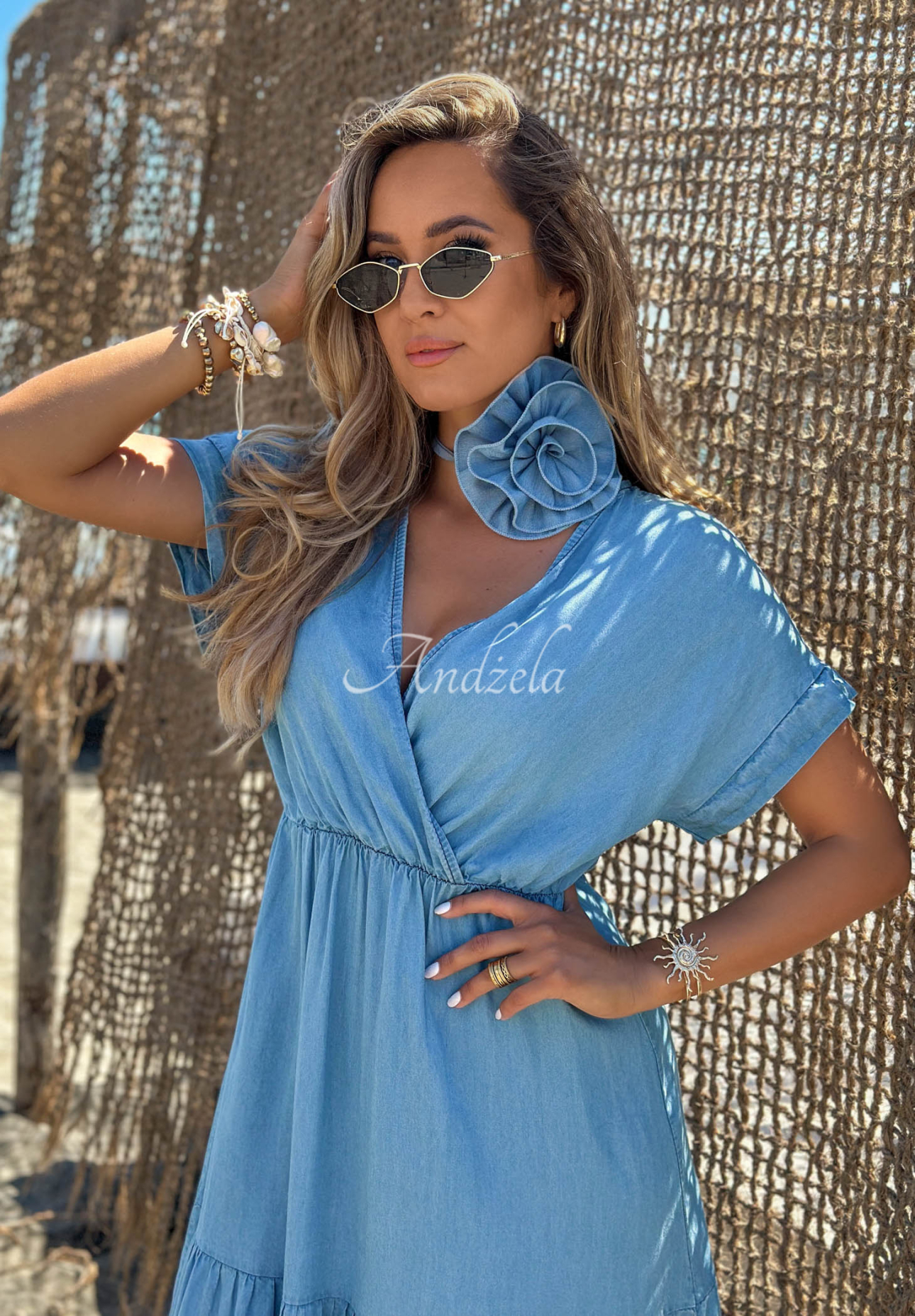 Lyocell-Kleid mit Rüschen und Rosengürtel Rosa Sea Hellblau