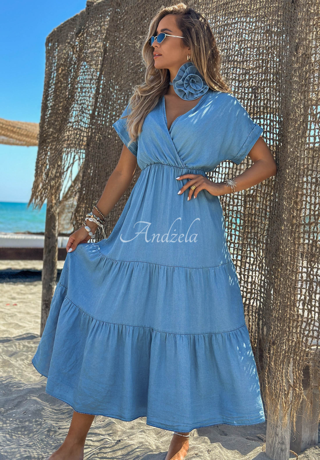 Lyocell-Kleid mit Rüschen und Rosengürtel Rosa Sea Hellblau