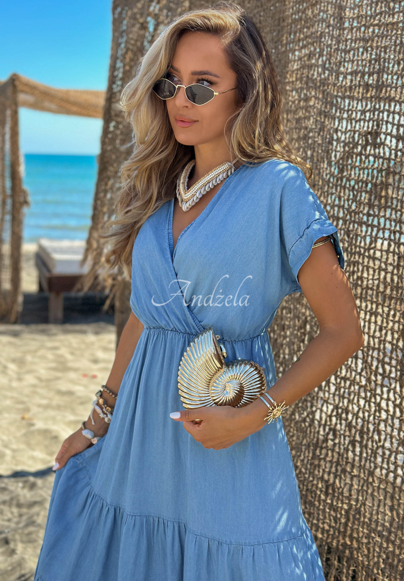 Lyocell-Kleid mit Rüschen und Rosengürtel Rosa Sea Hellblau