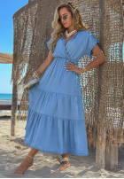 Kleid midi z lyocellu z falbankami i paskiem z różą Rosa Sea Hellblau