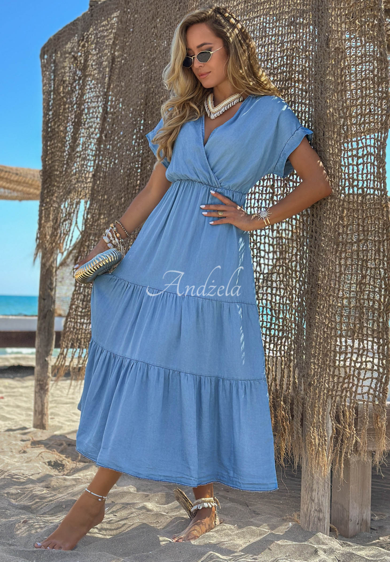 Lyocell-Kleid mit Rüschen und Rosengürtel Rosa Sea Hellblau