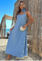 Kleid maxi z lyocellu na ramiączkach z chokerem z różą Rosa Blu Hellblau