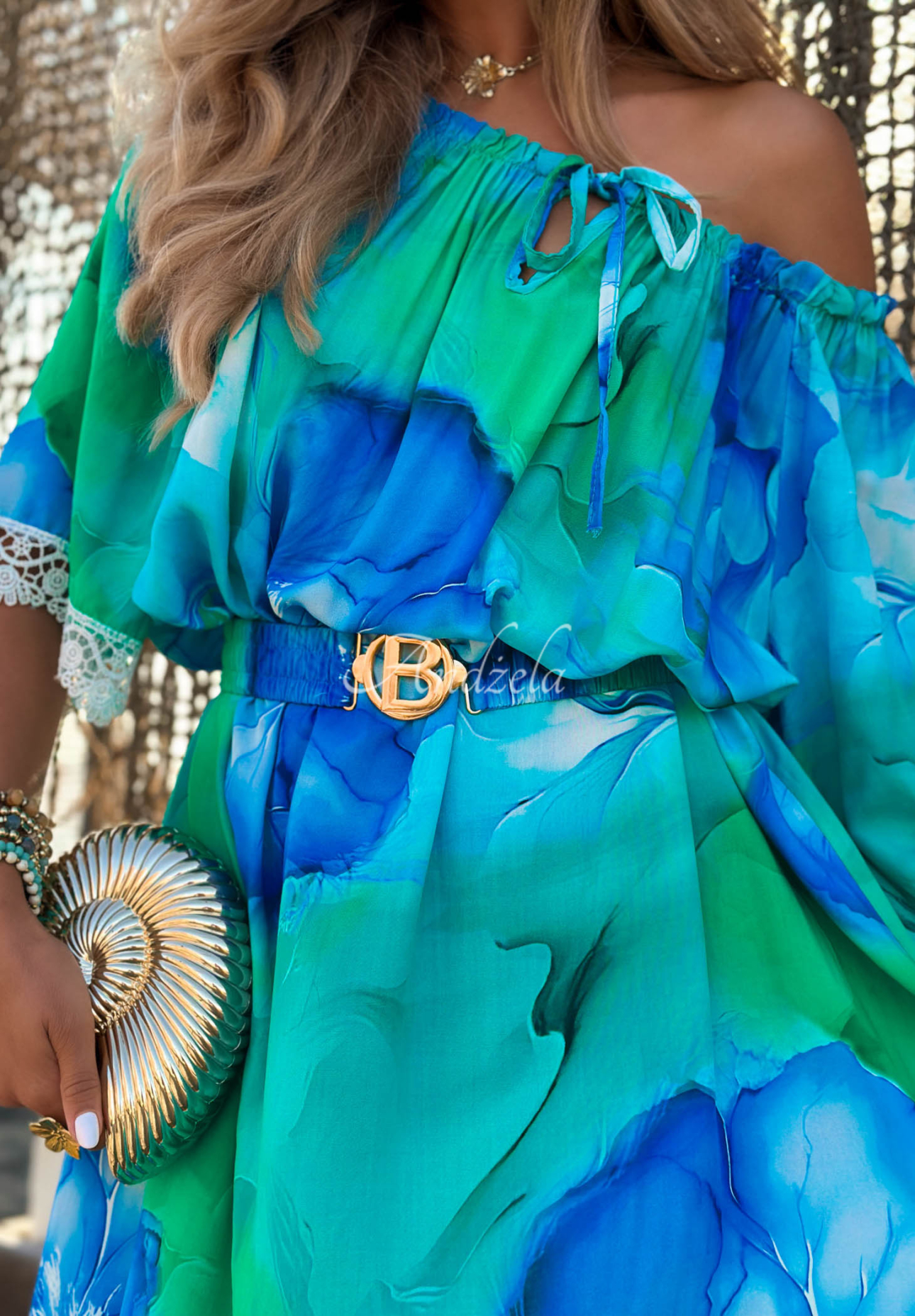 Asymmetrisches Offshoulder Kleid aus Viskose mit Muster Aqua Mirage Türkis