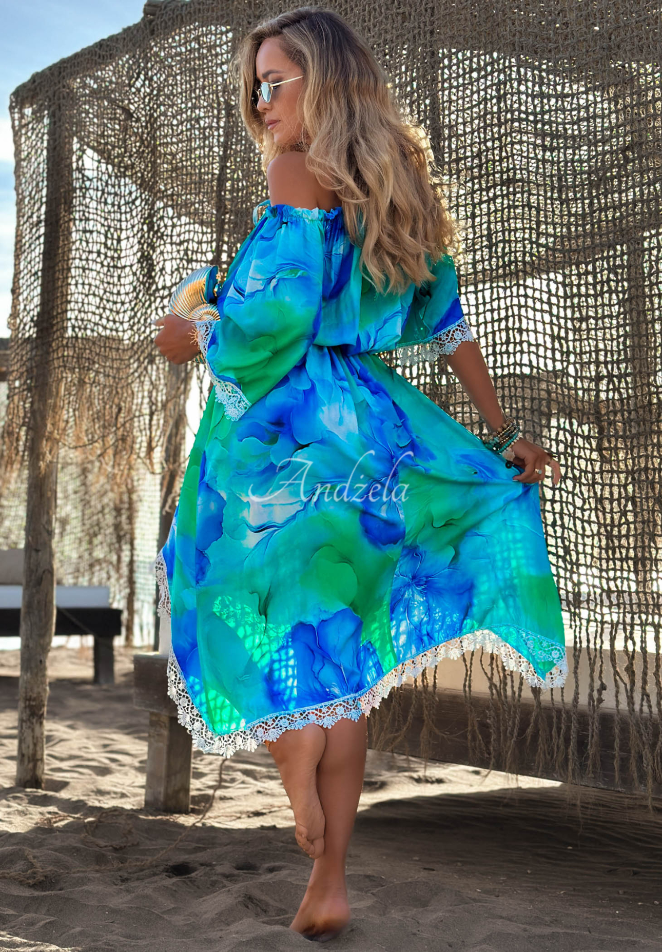 Asymmetrisches Offshoulder Kleid aus Viskose mit Muster Aqua Mirage Türkis