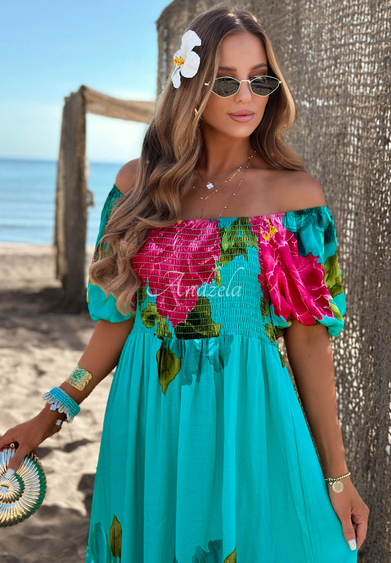 Offshoulder Maxikleid aus Viskose mit Blumenmuster und Rüschen Fiore Sole Türkis