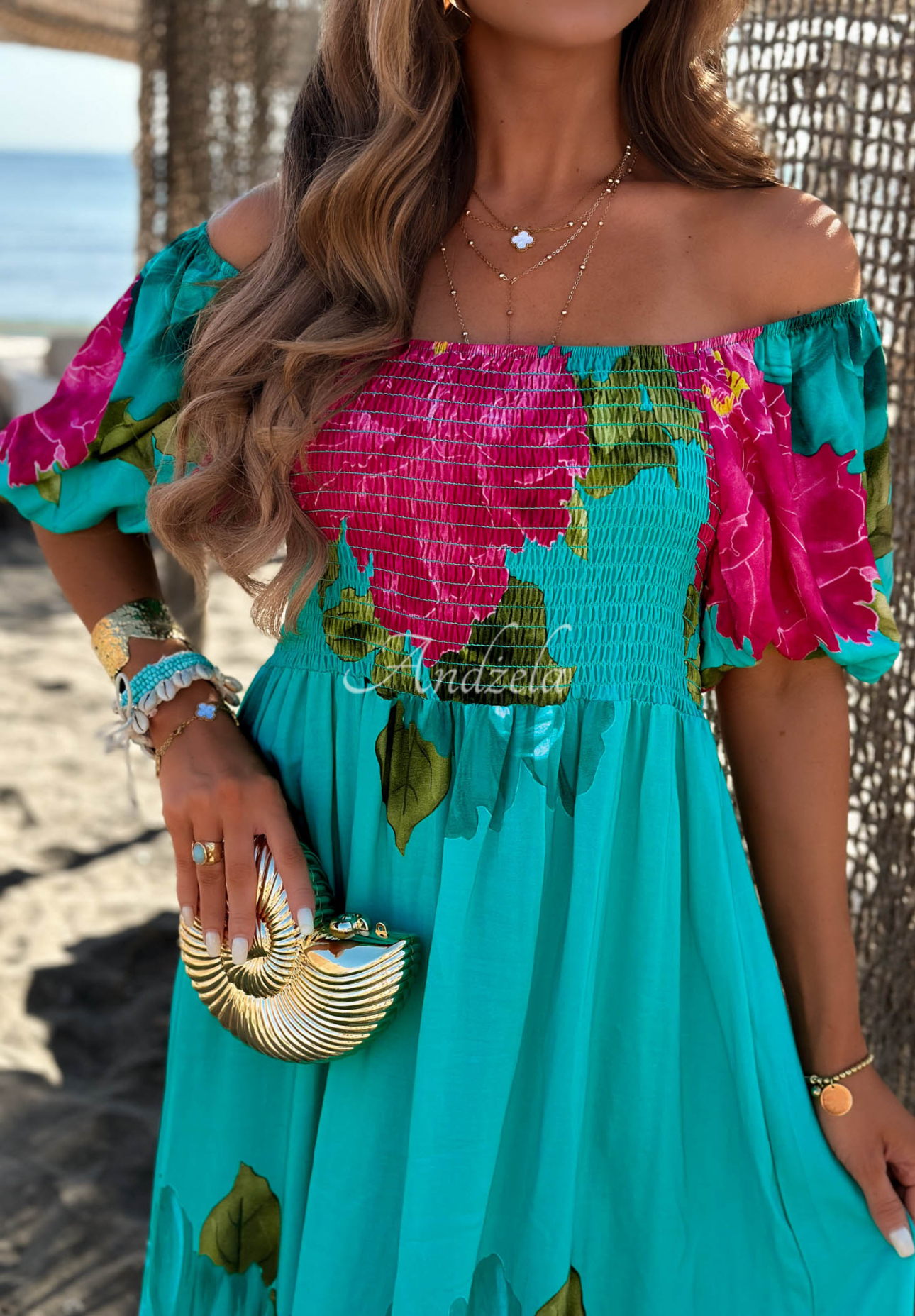 Offshoulder Maxikleid aus Viskose mit Blumenmuster und Rüschen Fiore Sole Türkis
