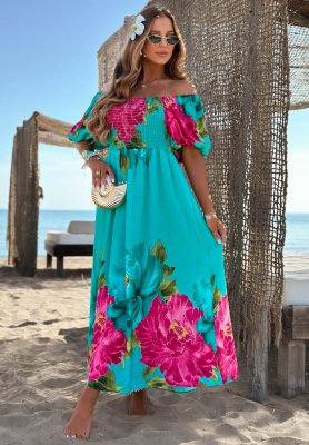 Offshoulder Maxikleid aus Viskose mit Blumenmuster und Rüschen Fiore Sole Türkis