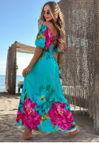 Kwiecista Kleid maxi z bufkami Ocean Flowers Türkis