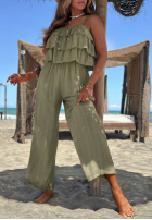 Długi Jumpsuit wide leg na ramiączkach z falbankami Ocean Charm Beige