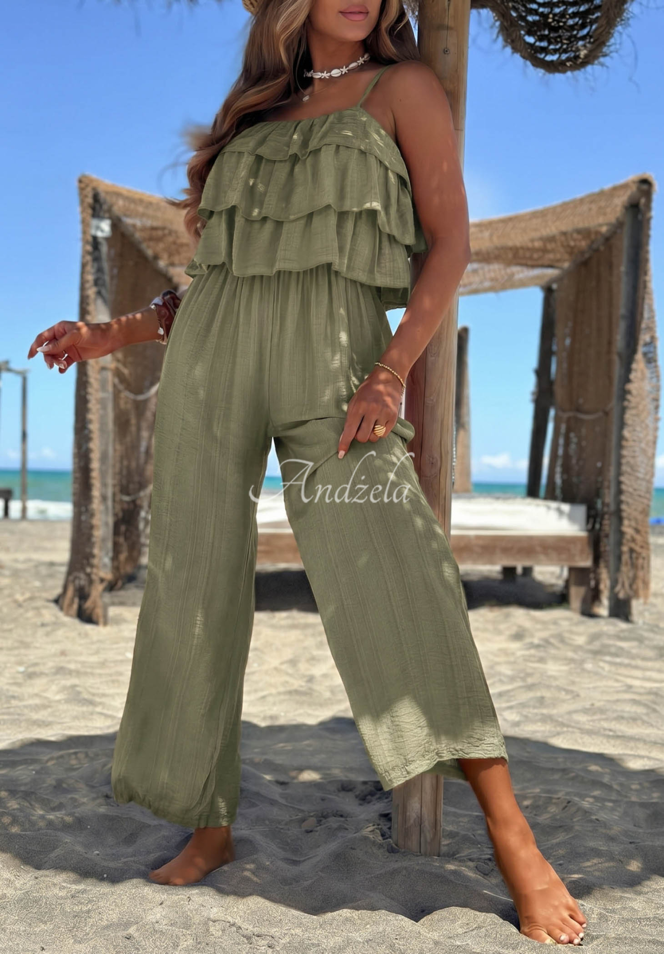 Langer Viskose-Jumpsuit mit Trägern und Rüschen Ocean Charm Khaki