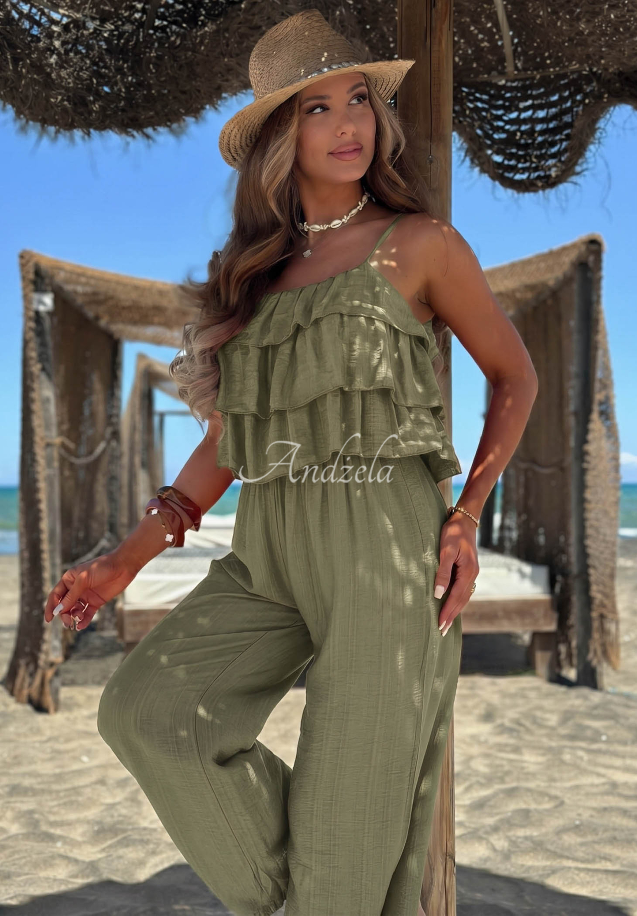 Langer Viskose-Jumpsuit mit Trägern und Rüschen Ocean Charm Khaki