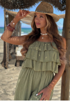 Długi Jumpsuit wide leg na ramiączkach z falbankami Ocean Charm Beige