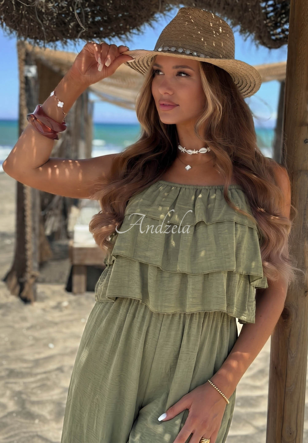 Langer Viskose-Jumpsuit mit Trägern und Rüschen Ocean Charm Khaki