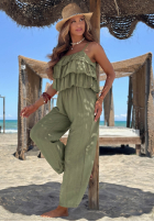 Długi Jumpsuit wide leg na ramiączkach z falbankami Ocean Charm Beige