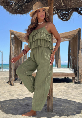 Langer Viskose-Jumpsuit mit Trägern und Rüschen Ocean Charm Khaki