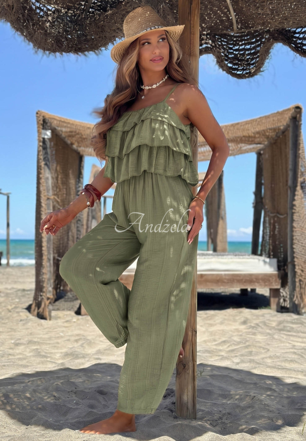 Langer Viskose-Jumpsuit mit Tr&auml;gern und R&uuml;schen Ocean Charm Khaki